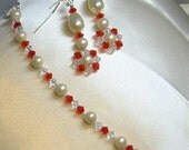 Red and White Crystal and Pearl Bracelet and Earrings Set