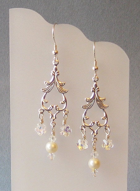 Silver Filigree Chandelier Earrings with Pearls and Crystals