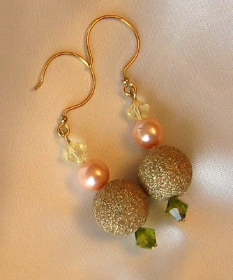 Summer Shimmer Crystal and Pearl Peach Yellow Olive Earrings