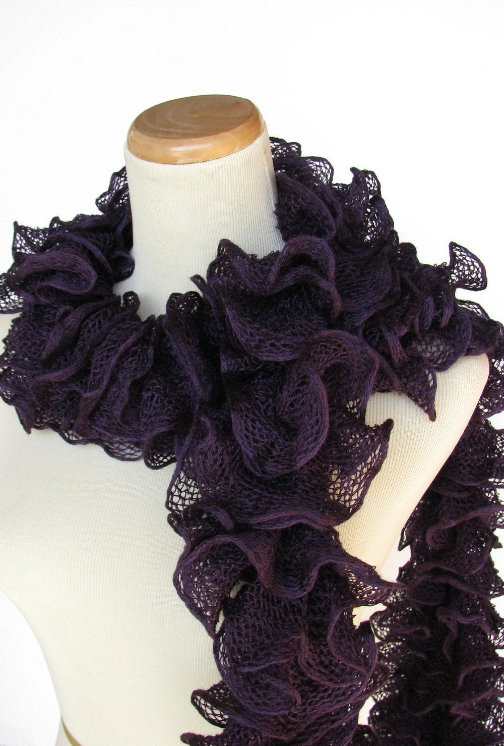 Hand Knit Ruffled Scarf - Deep Purple - Eggplant