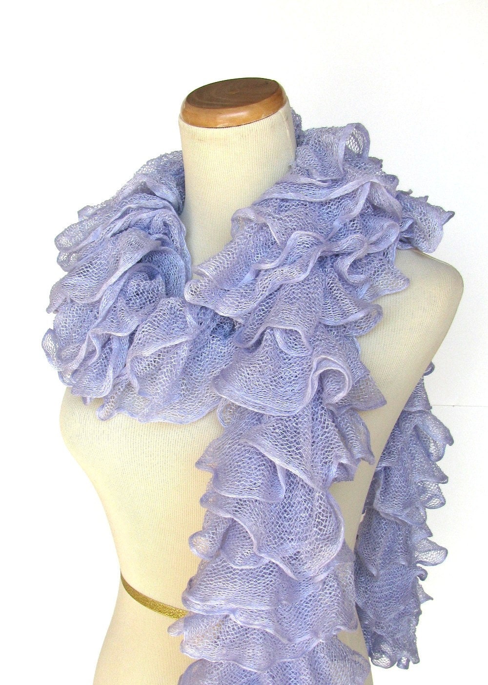 Hand Knit Ruffled Scarf - Periwinkle Blue - ArlenesBoutique