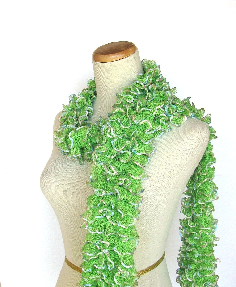 Lime Green Hand Knit Ruffled Scarf