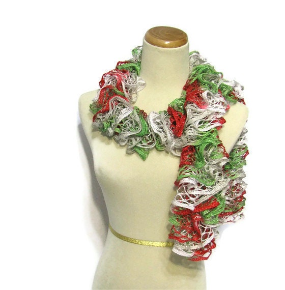 Holiday Hand Knit Scarf - Ruffled - Green Red Gray White