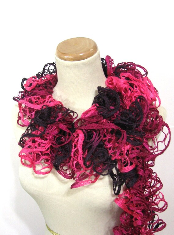 Valentines Day Hand Knit Ruffled Scarf - Pink Hot Pink Purple