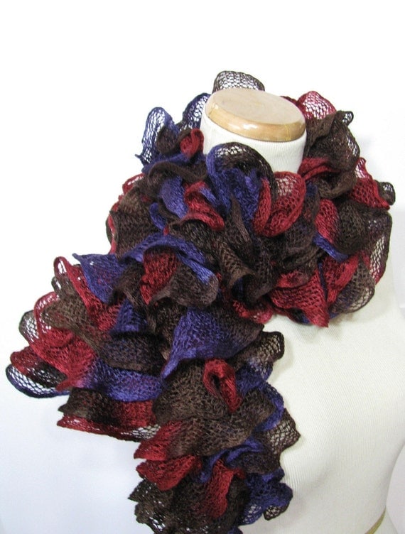 Ruffled Scarf -Red Purple Brown - Hand Knit
