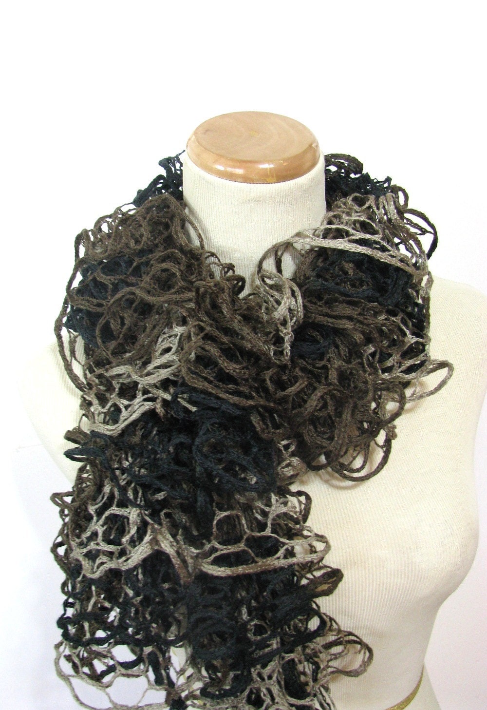 Brown and Black Hand Knit Ruffled Scarf - Taupe Brown Black