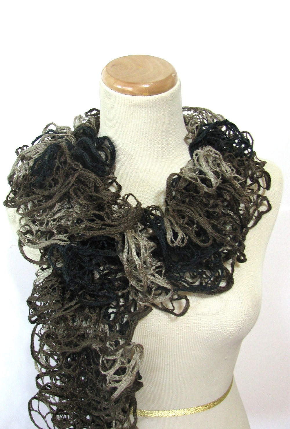 Brown and Black Hand Knit Ruffled Scarf - Taupe Brown Black