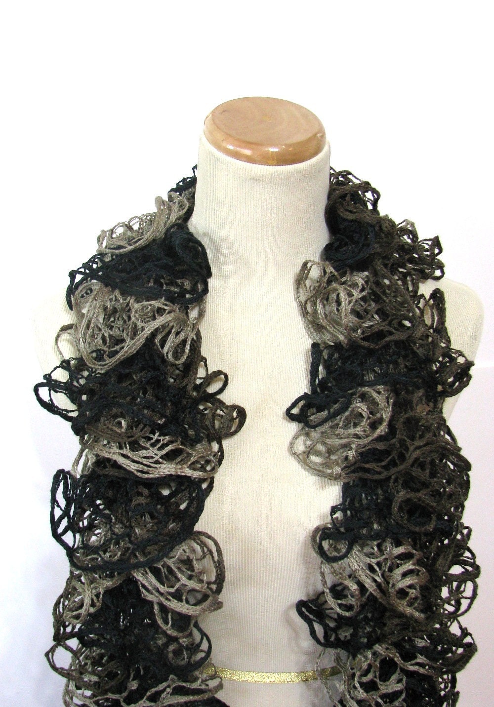 Brown and Black Hand Knit Ruffled Scarf - Taupe Brown Black