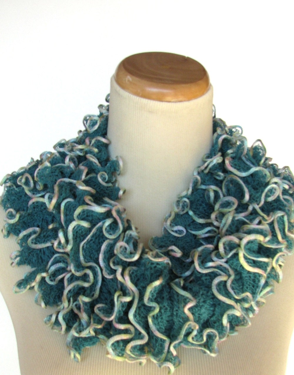 Teal Hand Knit Ruffled Scarf