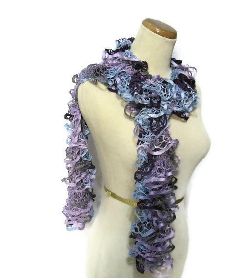 Hand Knit Ruffled Scarf - Purple Blue Burgundy Gray