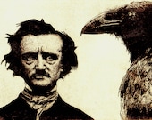 Raven (crow, bird, Edgar Allan Poe) Series. EDGAR GETS An IDEA -  Brown ink, Etching, Hand pulled, limited edition. 5 inch x 7 inch 2012
