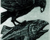 RAVEN Helps Salmon To Swim- Raven (bird, Salmon, Native American,crow) Series- Etching Blue Black Ink, 5 inch x 8 inches, 2012