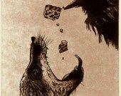 Raven (black bird, Fox, Aesop, crow) Series- Do NOT Trust FLATTERERS. Brown ink on off white paper,  Etching, 5 inch by 7 inch 2012