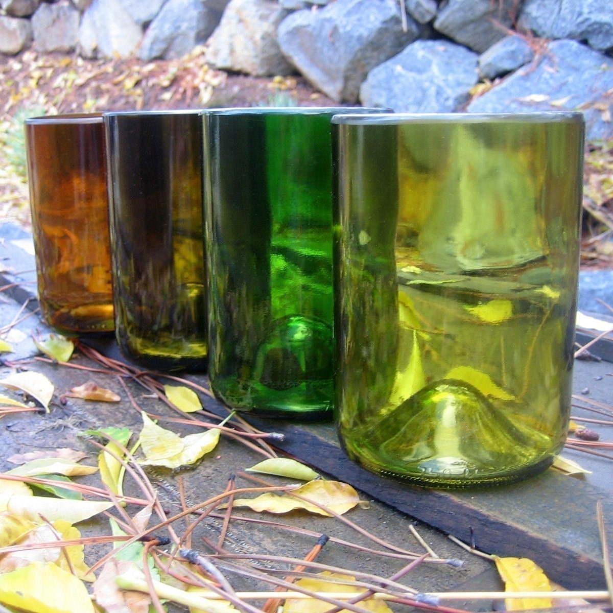 Four Upcycled Wine Bottle and Ale Bottle Tumblers