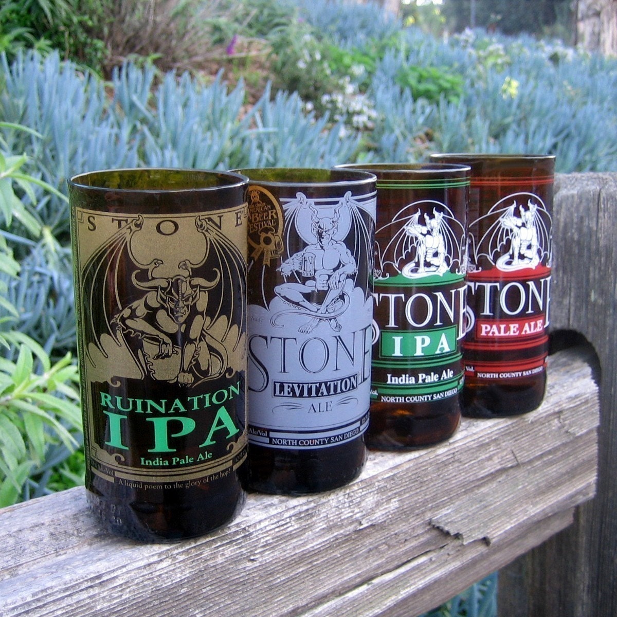 Four Recycled Stone Brewery Juice Glasses // Ruination IPA, Levitation, India Pale Ale, Pale Ale