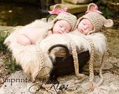 Twin set of Teddy Bear hats - Soft Homespun Photography Prop