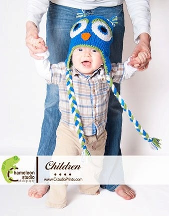 Blue and Green Boys Owl Beanie - Newborn or 0-3 Month sizes
