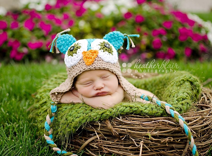 Boys Blue Cotton Owl Beanie - Newborn or 0-3 Month Size