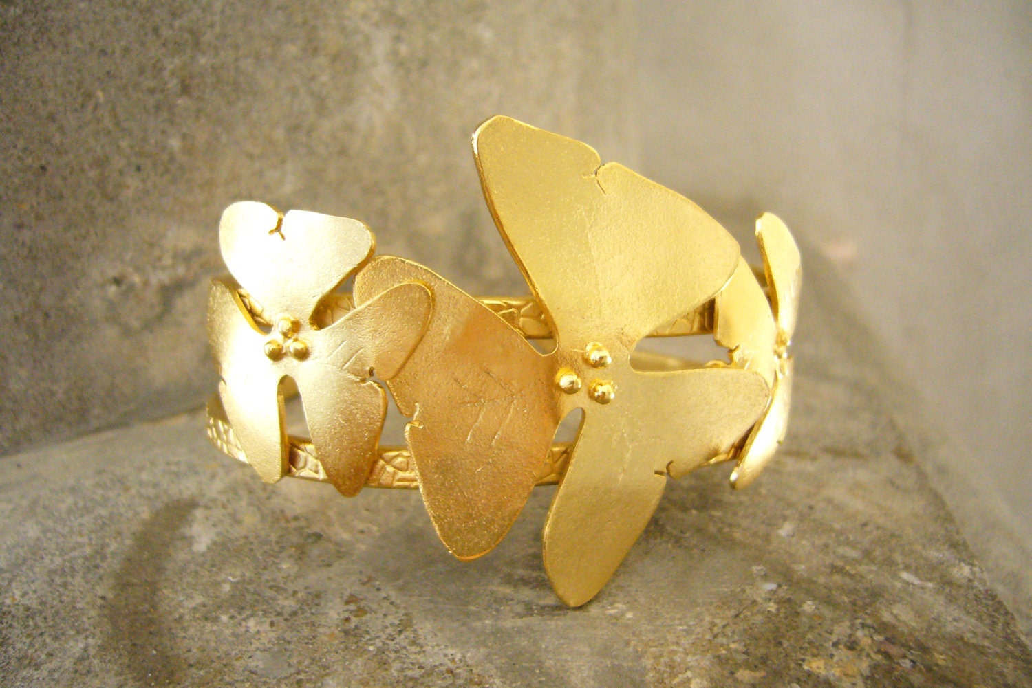 Modern Statement Jewelry- Unique Geometric Overlapping Flower Bracelet- In Matte Gold Finish
