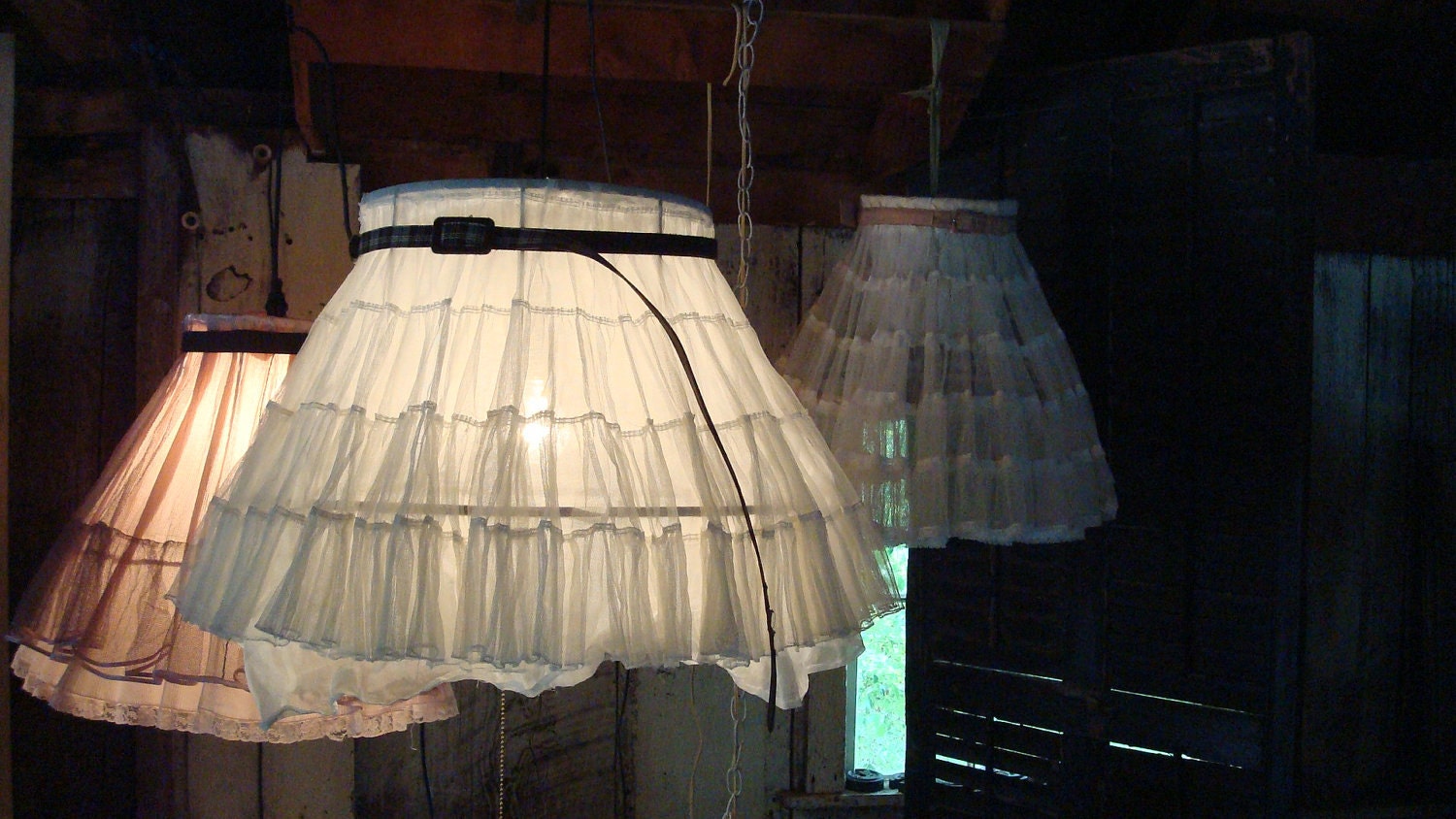 Eco Friendly Hanging Lamp, latest Frilly, Flouncy, Flirty hanging lamp, PINK, seen on Craftzine