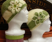 Hand Crocheted Woman's Cloche Hat - Pistachio Green with Winter White Band and Daisy