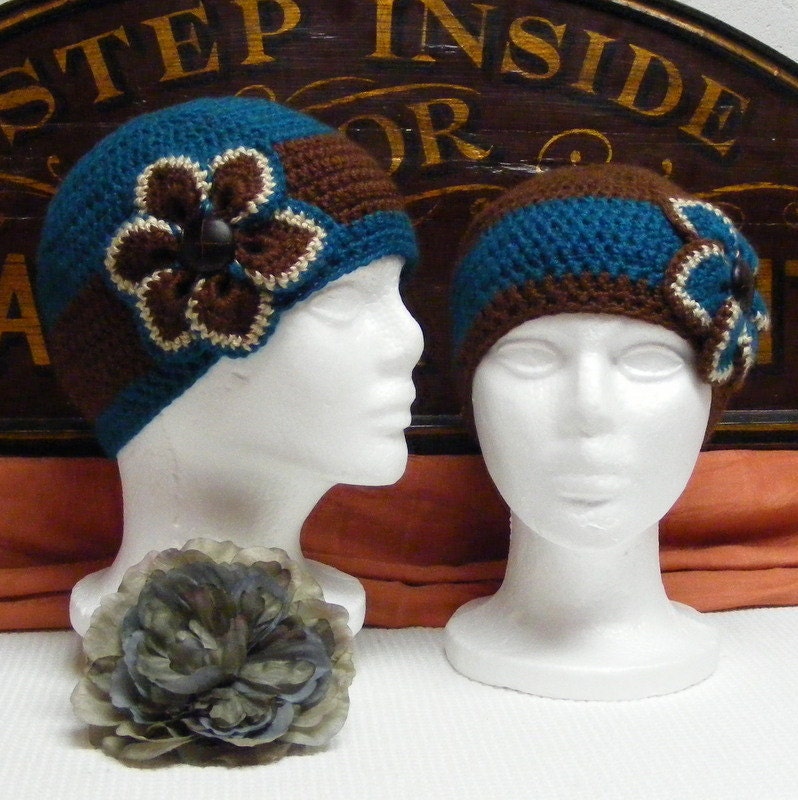 Hand Crocheted Woman's Cloche Hat - Teal Blue Hat with Brown Band & Flower