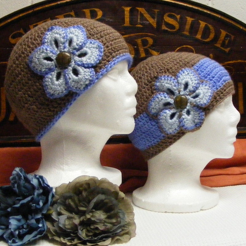 Hand Crocheted Woman's Cloche Hat -Taupe Hat with Light Blue flower and blueberry details
