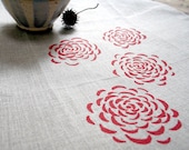 Linen Tea Towel. Red Chrysanthemum. Rustic Autumn Kitchen.