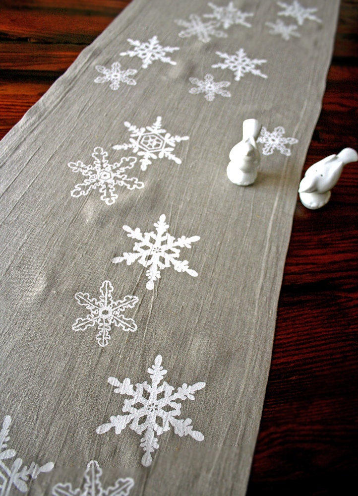 Ready to Ship. Linen Table Runner. Snowflake. Winter. Holiday Decor. Christmas Gift. Hand Screen Printed. - PonyAndPoppy