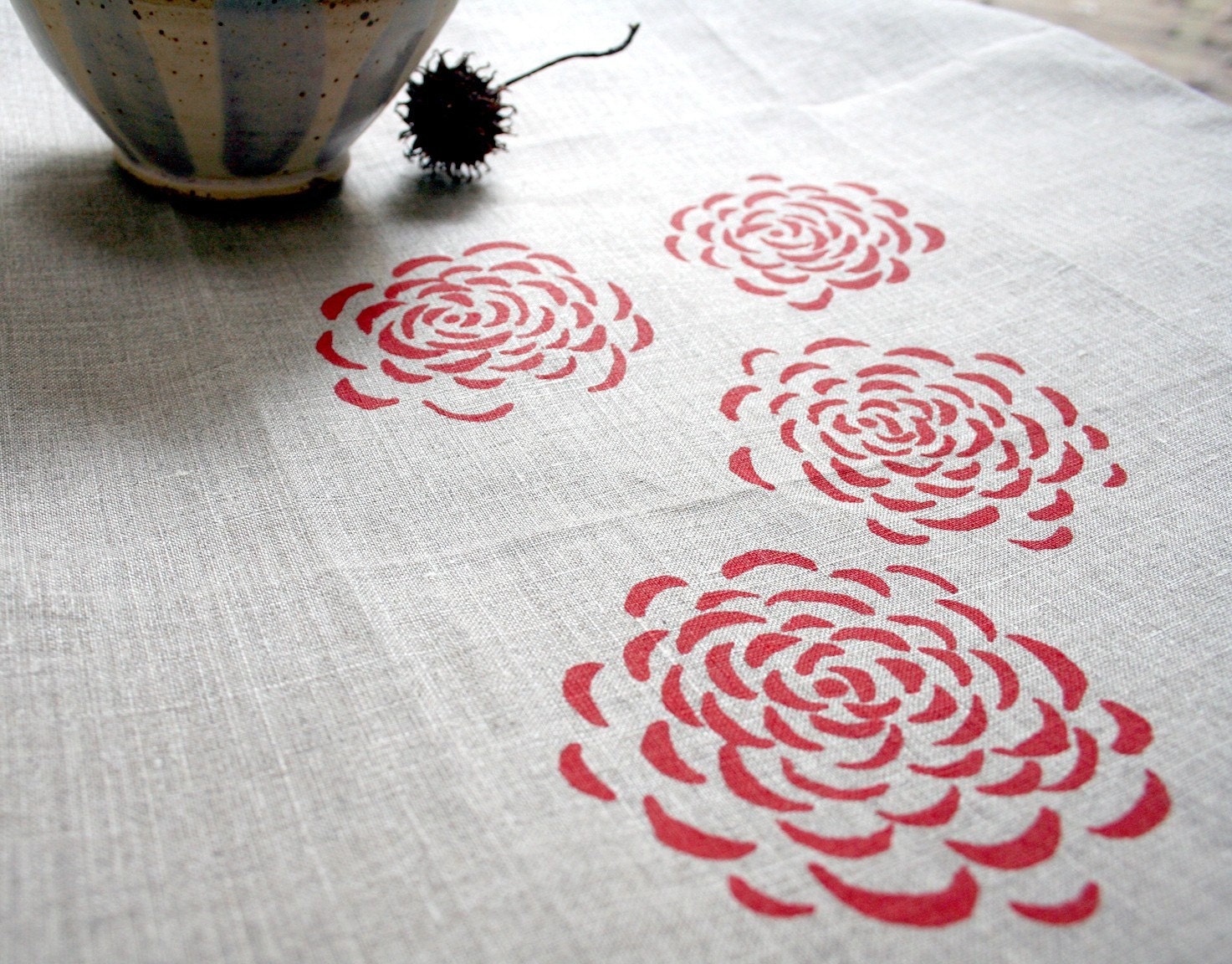 Linen Tea Towel. Red Chrysanthemum. Rustic Autumn Kitchen.