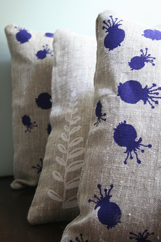 Natural Linen Pillow. Hand Screen-printed with Purple Seed Pods.