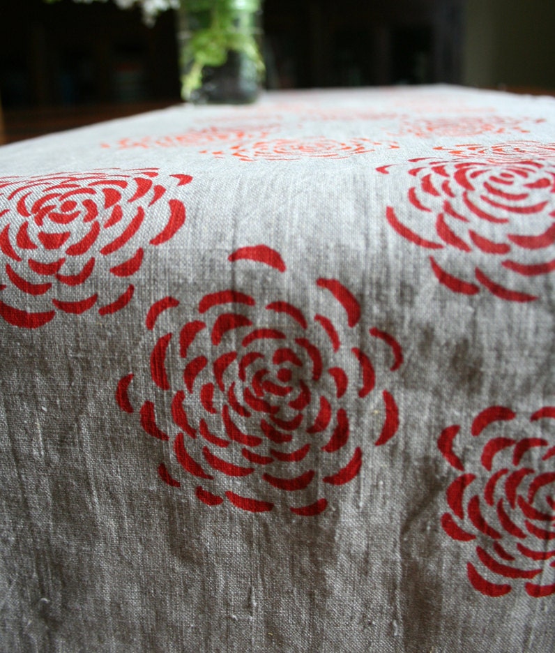 Linen Table Runner. Chrysanthemum. Hand screen printed.