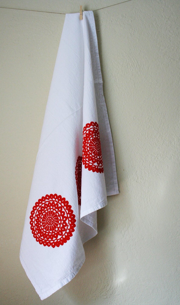 Tea Towel. Cotton Flour Sack. Tangerine Doily.