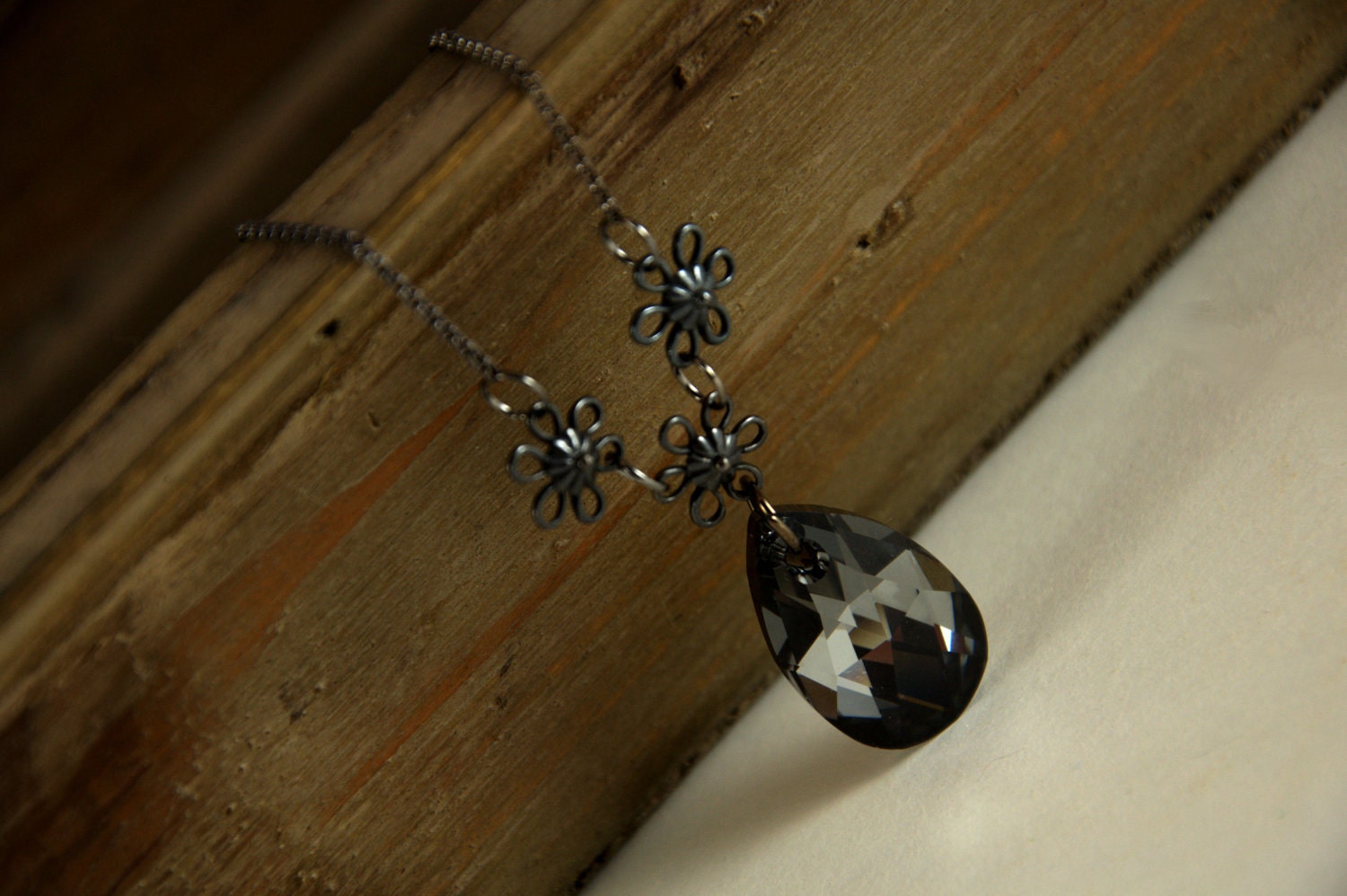 Swarovski Crystal Silver Night Pear Shaped Pendant Necklace, Gun Metal, Floral, Flower Petal, Toggle Clasp, Jewelry