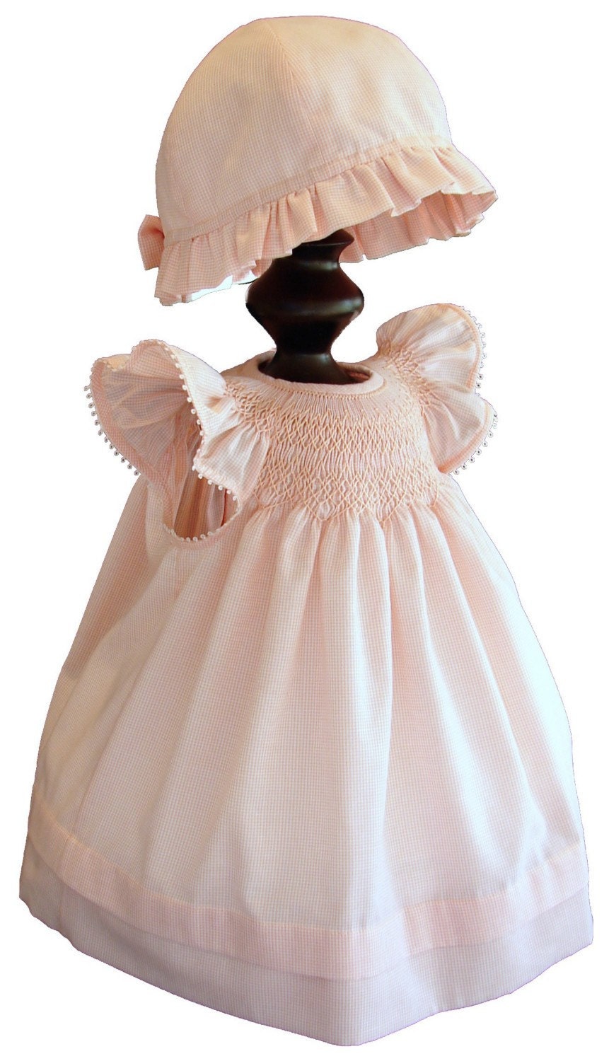 Hand-Smocked Imperial Batiste Angel Sleeve Bishop with or without Bonnet, Various colors