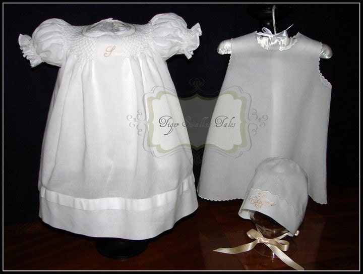 Hand-Smocked Swiss Cotton SATIN Batiste Monogram Bishop, Embroidered Slip and Bonnet Christening Set