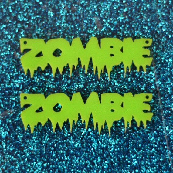 2 x Laser cut lime green acrylic ZOMBIE pendants
