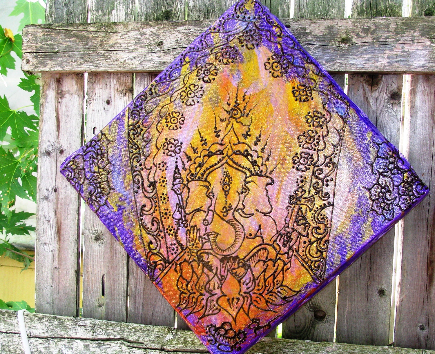 GANESH, UNIVERSAL FIRE, Henna, Canvas, Boho, Gypsy Painting,