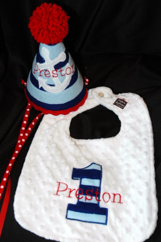 Stylish Birthday Party Hat and Bib Combo Set Preppy- Nautical - Sailor -Anchor- Navy- Party theme- Customized with NAME