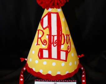 1st Birthday Party Hat customized with NAME and  number 1- 2-3 etc..Could be cute with your Circus Carnival Party Theme
