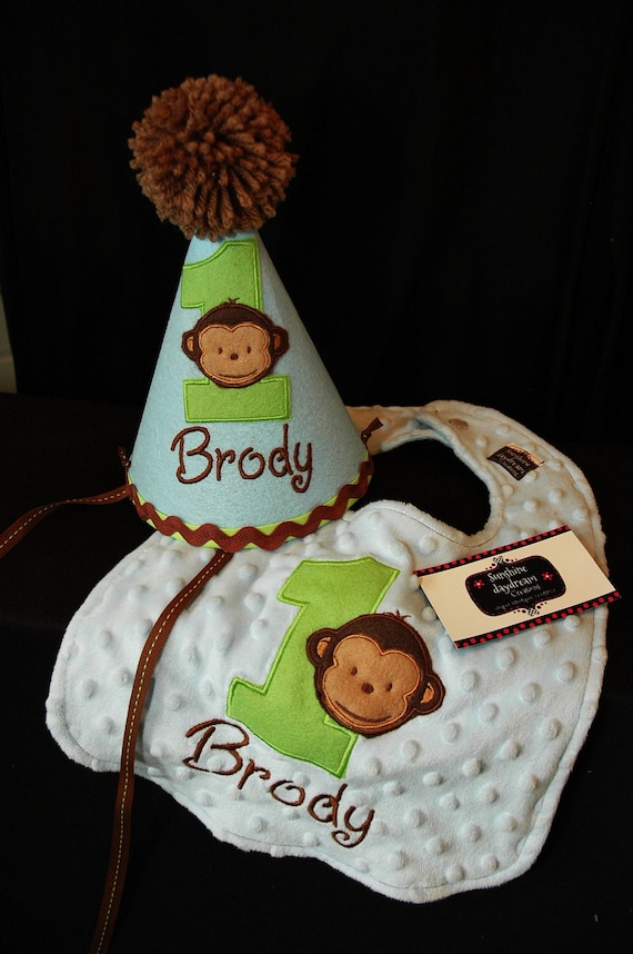 Modern Monkey Boy 1st First Birthday Hat and bib set Light blue and Lime green