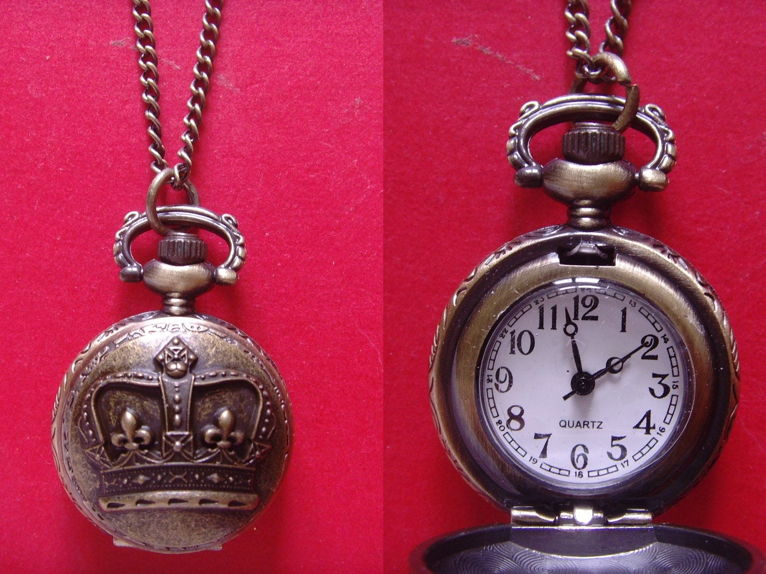 DIY design timepiece crown little bronze plate steel quartz movement  pocket watch 24 inches necklace with gift box