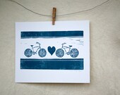 Anniversary or wedding gift, Bicycle Love print teal ink on paper