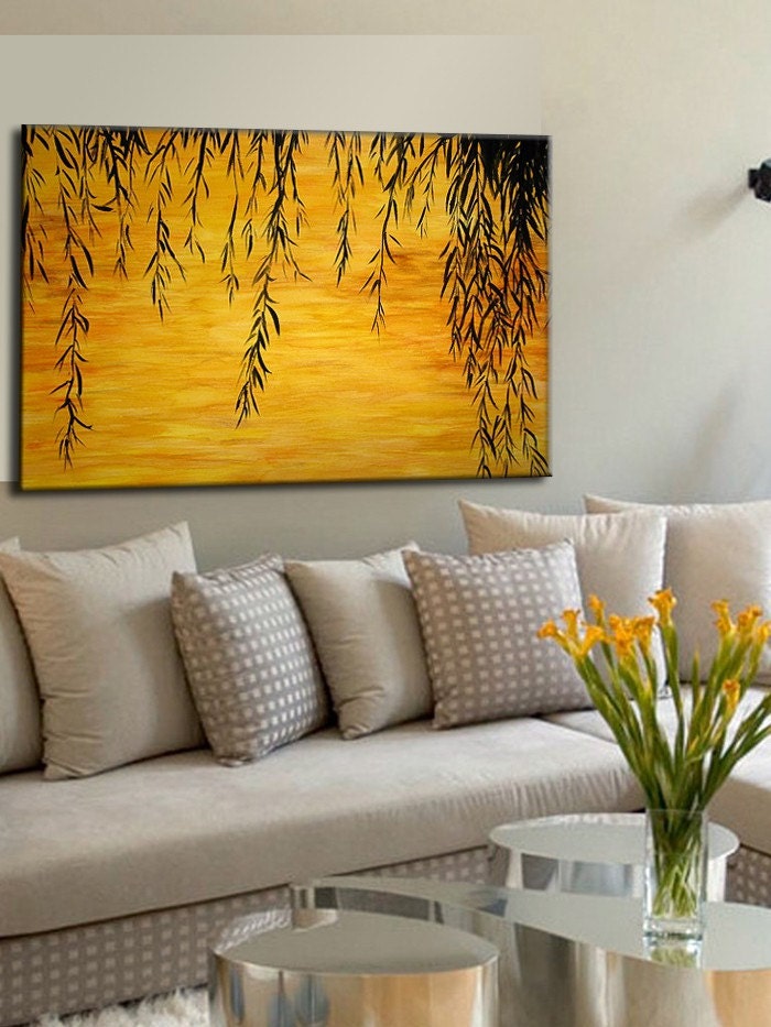 Original landscape Painting, Contemporary Sunset Lake Fine Art, Willow Treee Abstract by Henry Parsinia Large 36x24