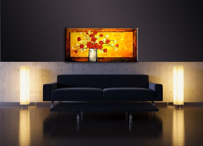 Original Modern Abstract  Floral Painting red puppies by Henry Parsinia large 48x24