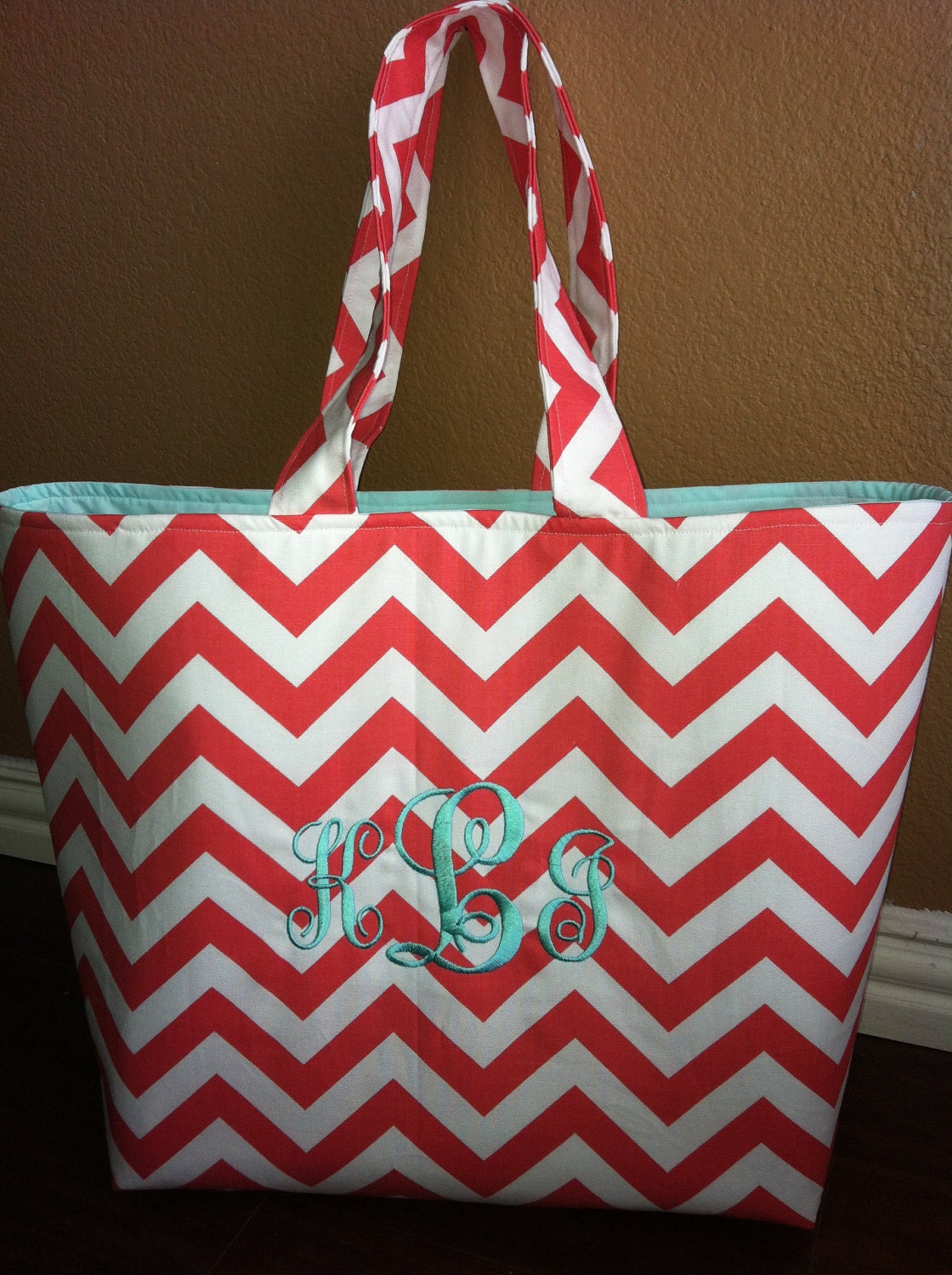 Coral and White Large Monogramed Chevron Tote