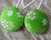 NEW Spring Collection - Green, Light Pink and White Floral/Flower Ponytails (2 in set) from fabric covered buttons, handmade by JEJEWELED