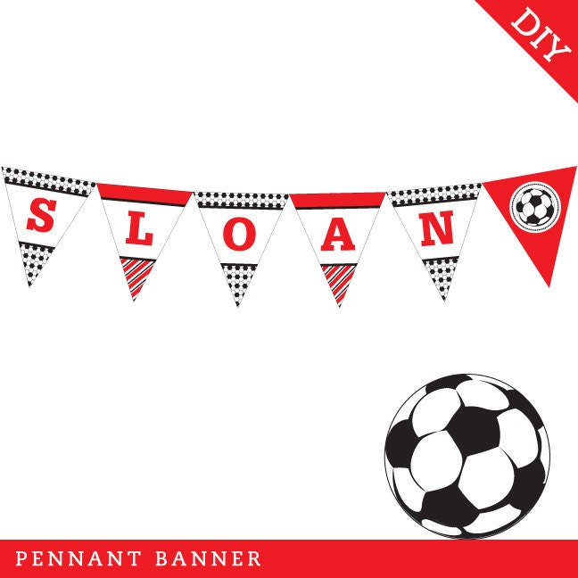 Soccer party - Personalized DIY printable pennant banner - Choose red, green, blue or pink