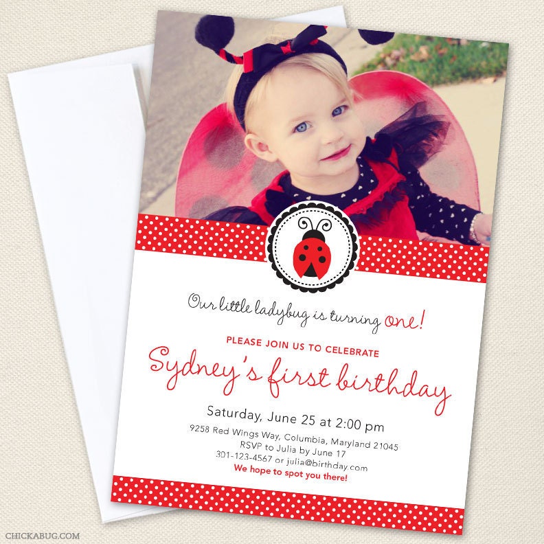 Ladybug party - Set of 15 custom photo invitations - Printable file also available