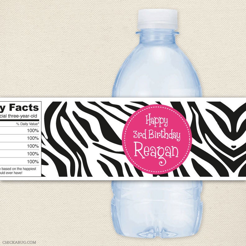 Zebra party in ANY COLOR - Personalized water bottle labels - Set of 15